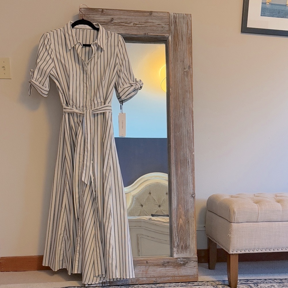 Calvin Klein Navy and White Striped Midi Dress w/ Pockets! NWT